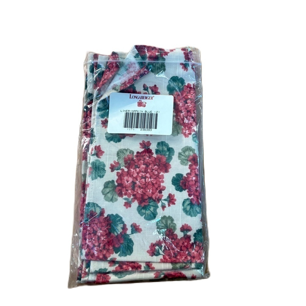 Longaberger Geranium Flower 2 Pack Napkins Cloth Tan Pink Red